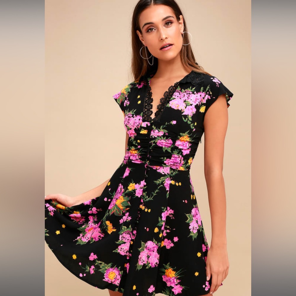 Free People Alora Black Floral Print Mini Dress